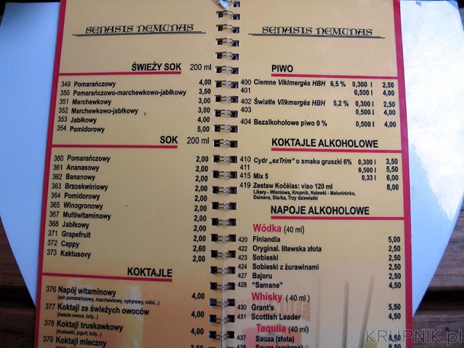Cennik w restauracji. ceny w Litach. Piwo np 4 lity czyli w 2009 roku około 5PLN