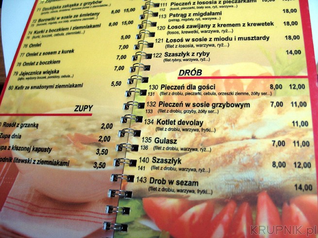 Menu w języku polskim w Restauracji Niemen. Ceny są bez dodatków, więc po zamówieniu ...